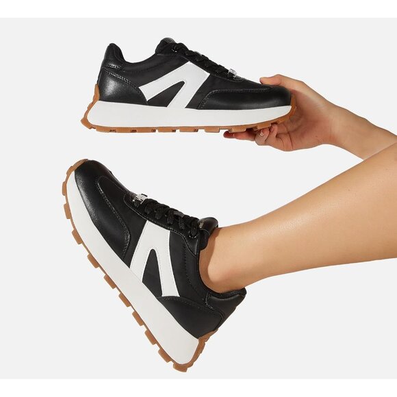 Lucky Step Women Black Retro Classic Trainers Casual Lace up Stylish Sneakers - Picture 9 of 9